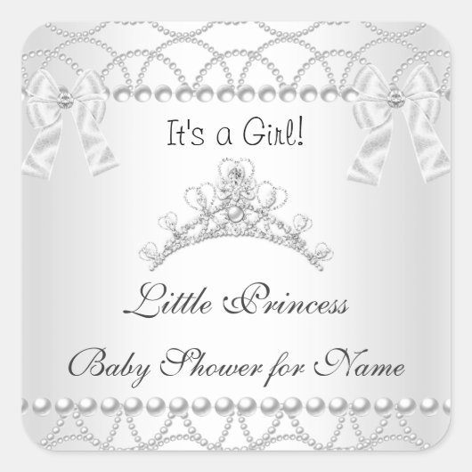 Princess Baby shower Meisje Zilver Wit Tiara 2 Vierkante Sticker (Voorkant)