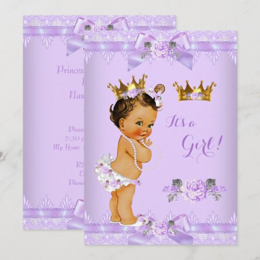 Princess Baby shower Paars Roos Lace Brunette Kaart (Voorkant / Achterkant)