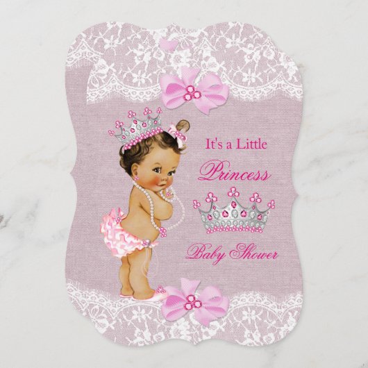 Princess Baby shower Pink Burlap Lace Brunette Kaart (Voorkant / Achterkant)