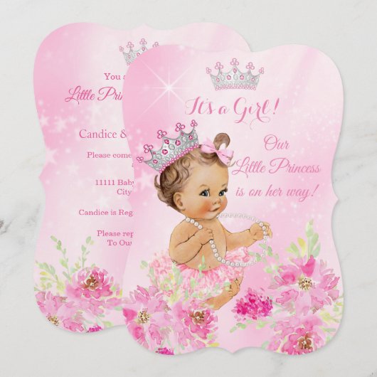 Princess Baby shower Pink floral Tutu Brunette Kaart (Voorkant / Achterkant)