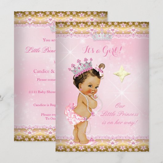 Princess Baby shower Pink Gold Lace Tiara Brunette Kaart (Voorkant / Achterkant)