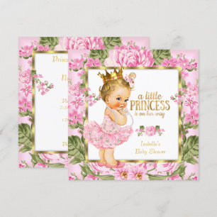 Princess Baby shower Pink Gold Roos Floral Blonde Kaart