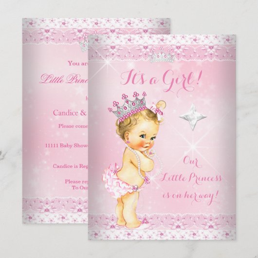 Princess Baby shower Pink Lace Tiara Blonde Kaart (Voorkant / Achterkant)