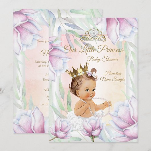 Princess Baby shower Pink Lila Floral Brunette Kaart (Voorkant / Achterkant)
