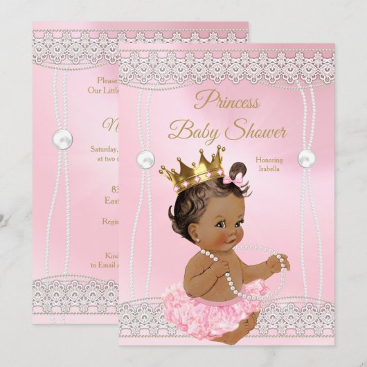 Princess Baby shower Pink-parelaas, brunette Kaart (Voorkant / Achterkant)