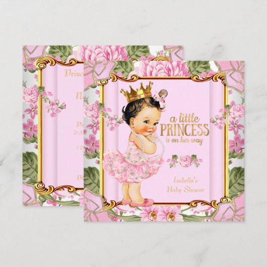 Princess Baby shower Pink Rose Floral Brunette Kaart (Voorkant / Achterkant)