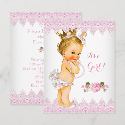 Princess Baby shower Pink Rose White Blonde Kaart (Voorkant / Achterkant)