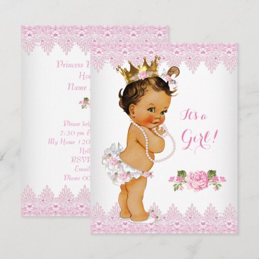 Princess Baby shower Pink Rose White Brunette Kaart (Voorkant / Achterkant)