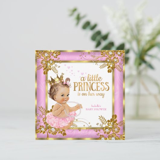 Princess Baby shower Pink Tutu Floral Brunette Kaart (Staand voorkant)