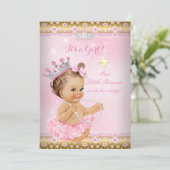 Princess Baby shower Pink Tutu Gold Tiara Brunette Kaart (Staand voorkant)