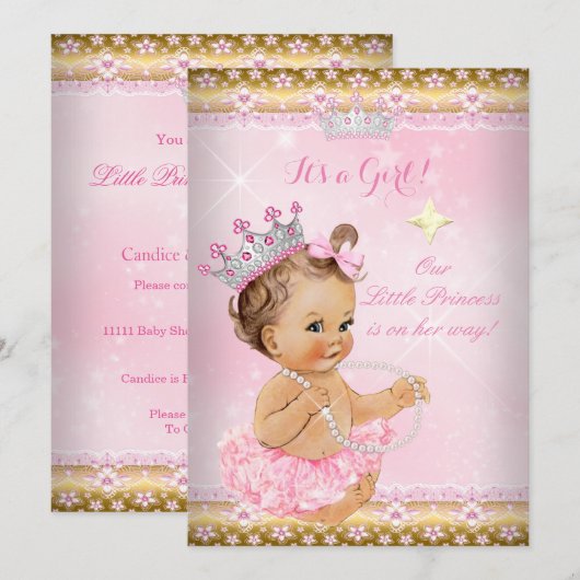 Princess Baby shower Pink Tutu Gold Tiara Brunette Kaart (Voorkant / Achterkant)