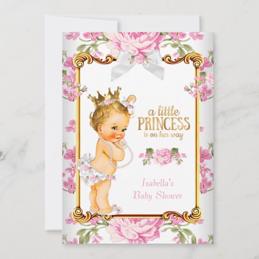 Princess Baby shower Pink White Floral Blonde 2 Kaart (Voorkant)