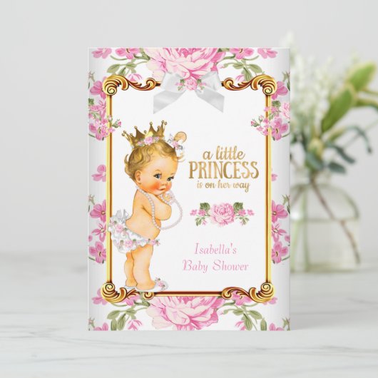Princess Baby shower Pink White Floral Blonde 2 Kaart (Staand voorkant)