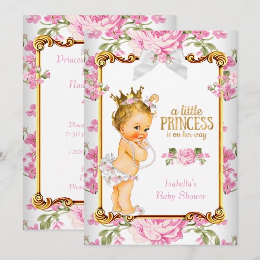Princess Baby shower Pink White Floral Blonde 2 Kaart (Voorkant / Achterkant)