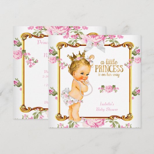 Princess Baby shower Pink White Floral Blonde Girl Kaart (Voorkant / Achterkant)