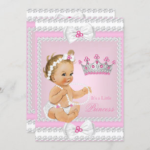 Princess Baby shower Pink White Pearls Bows Blonde Kaart