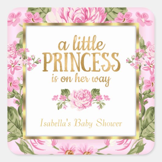 Princess Baby shower Roze Goud Roos Bloemen Sticke Vierkante Sticker (Voorkant)