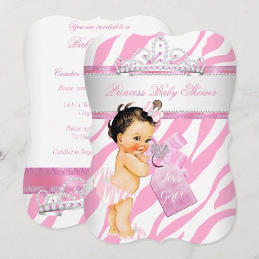 Princess Baby shower Zebra Pink Brunette Girl Kaart (Voorkant / Achterkant)
