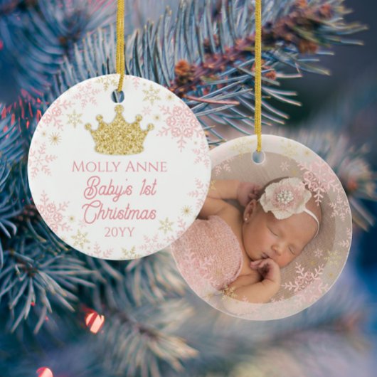 Princess Baby's eerste kerstroze & gouden foto Keramisch Ornament