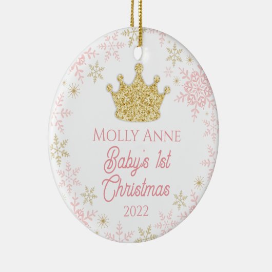 Princess Baby's eerste kerstroze & gouden glitter Keramisch Ornament (Rechts)