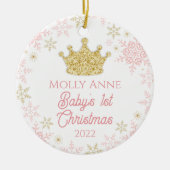 Princess Baby's eerste kerstroze & gouden glitter Keramisch Ornament (Voorkant)