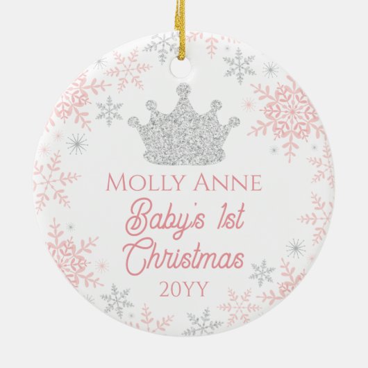 Princess Baby's eerste kerstroze zilver glitter Keramisch Ornament (Achterkant)