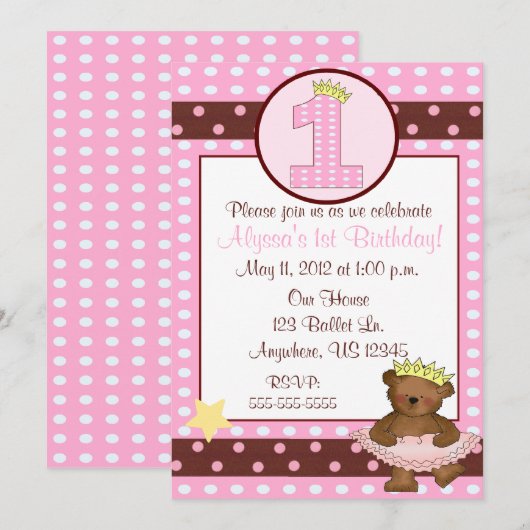 Princess Ballet Beer Girls 1e verjaardag uitnodigi Kaart (Voorkant / Achterkant)