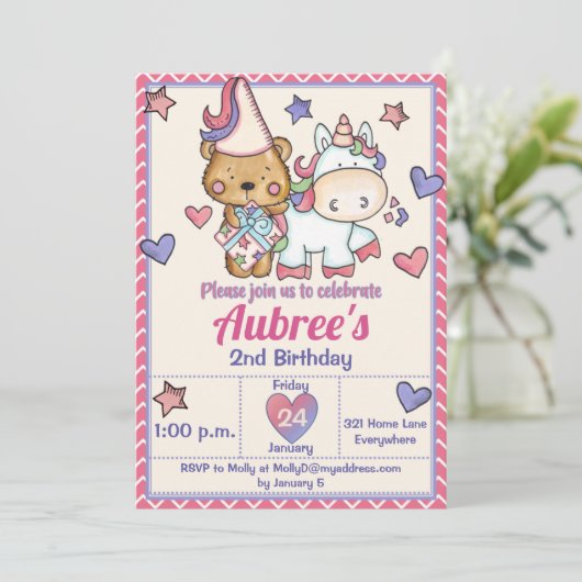 Princess Beer en Unicorn Birthday Invitation Kaart (Staand voorkant)