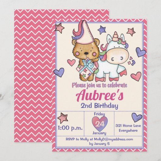 Princess Beer en Unicorn Birthday Invitation Kaart (Voorkant / Achterkant)