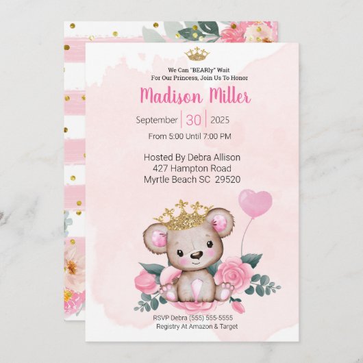 Princess Beer Pink Floral Baby shower Uitnodiging (Voorkant / Achterkant)