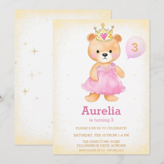 Princess beer roze meisje verjaardagsuitnodiging kaart (Voorkant / Achterkant)