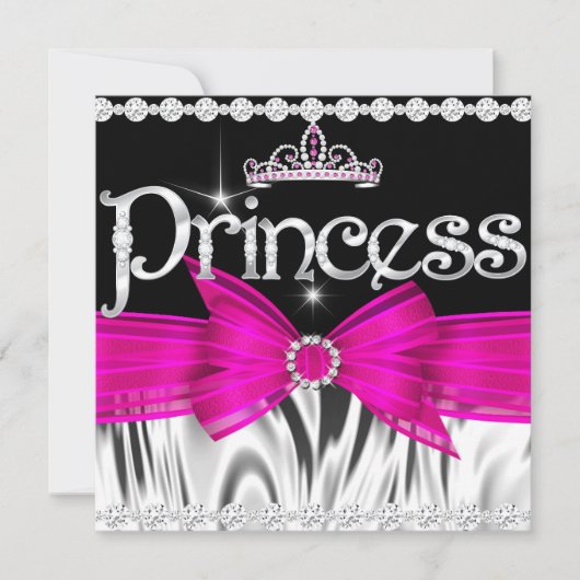 Princess Birthday Hot Pink Bow Black Silver Tiara Kaart (Voorkant)