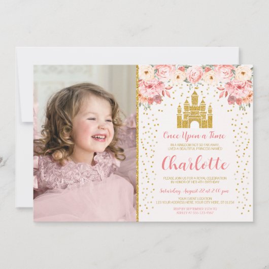 Princess Birthday Invitation Floral Castle Kaart (Voorkant)