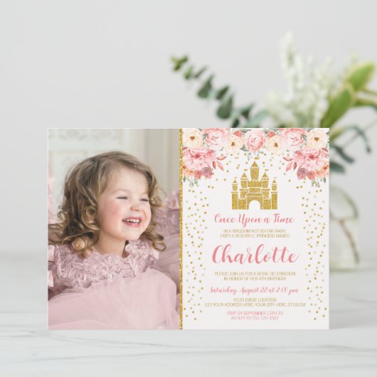 Princess Birthday Invitation Floral Castle Kaart (Staand voorkant)