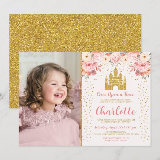 Princess Birthday Invitation Floral Castle Kaart (Voorkant / Achterkant)
