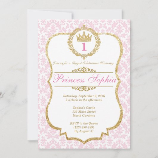 Princess Birthday Invitation Pink & Gold Kaart (Voorkant)