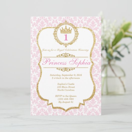 Princess Birthday Invitation Pink & Gold Kaart (Staand voorkant)