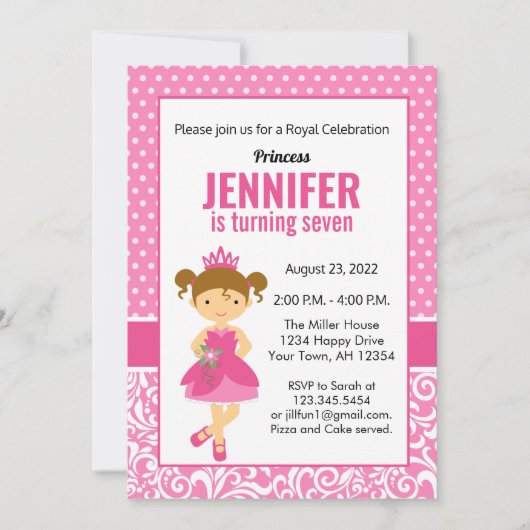 Princess Birthday Invitation, princess party Invit Kaart (Voorkant)