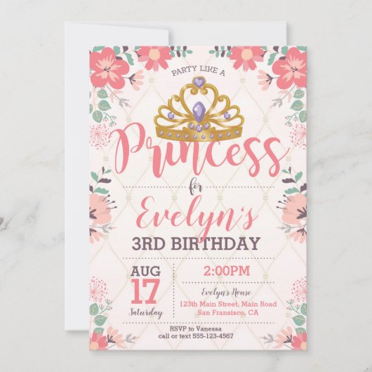 Princess Birthday Invitation - Princess Party Kaart (Voorkant)