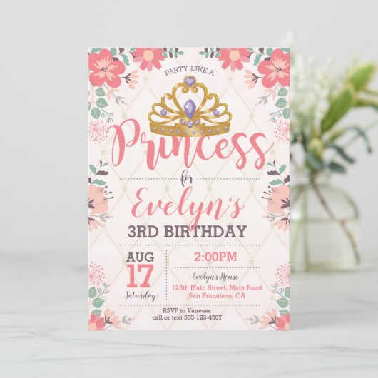 Princess Birthday Invitation - Princess Party Kaart (Staand voorkant)