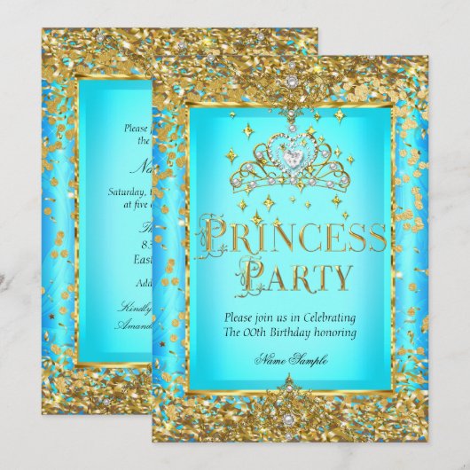 Princess Birthday Party Blauwgroen Blue Gold Tiara Kaart (Voorkant / Achterkant)
