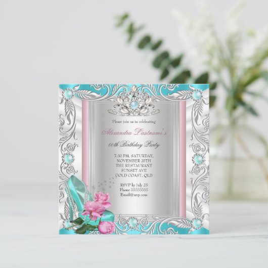 Princess Birthday Party Blauwgroen roze roze hoge  Kaart (Staand voorkant)