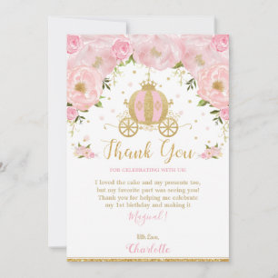 Princess Birthday Party Carriage Pink Floral Gold Bedankkaart