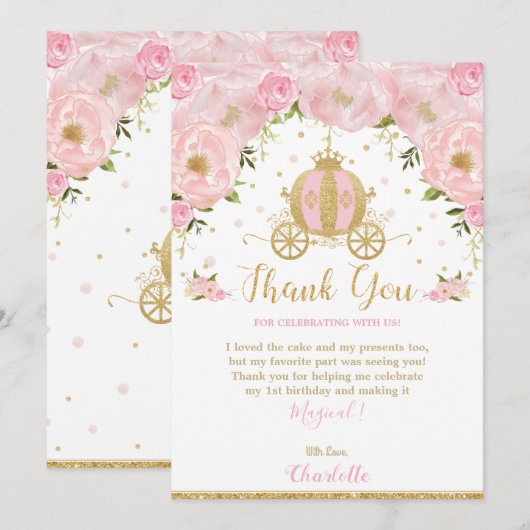 Princess Birthday Party Carriage Pink Floral Gold Bedankkaart (Voorkant / Achterkant)