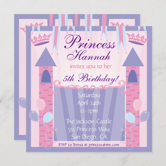 Princess Birthday Party Invitation Castle Kaart (Voorkant / Achterkant)