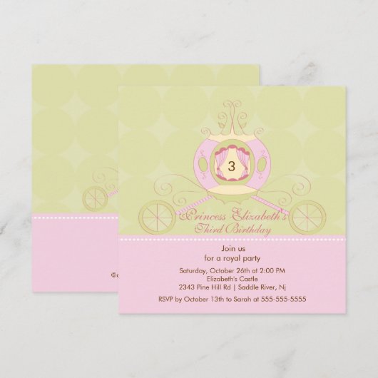 Princess Birthday Party Invitation Cute Carriage Kaart (Voorkant / Achterkant)