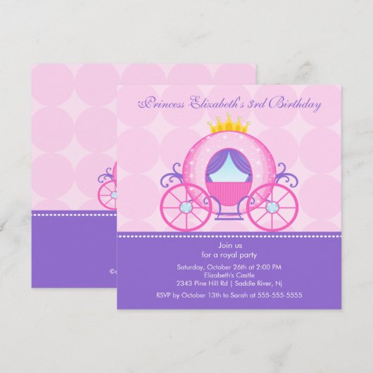 Princess Birthday Party Invitation Cute Carriage Kaart (Voorkant / Achterkant)