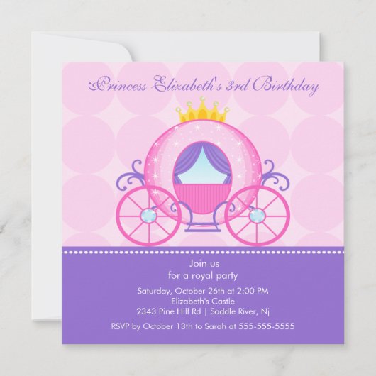 Princess Birthday Party Invitation Cute Carriage Kaart (Voorkant)