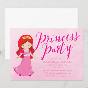 Princess Birthday Party Invitation - Redhead/Roze Kaart