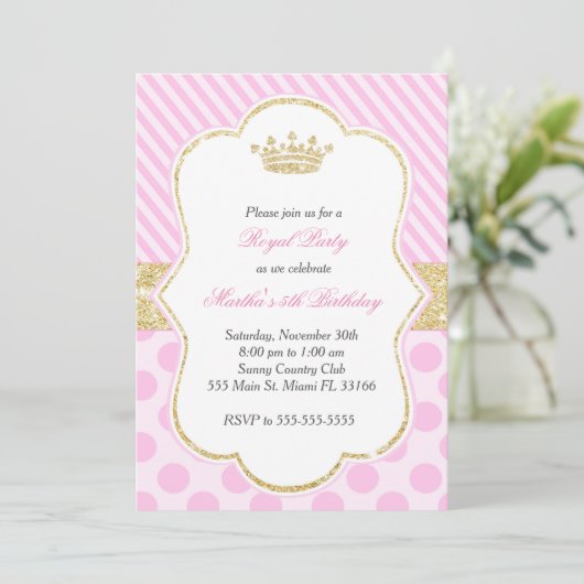 Princess Birthday Party Invitation roze Gold Kaart (Staand voorkant)